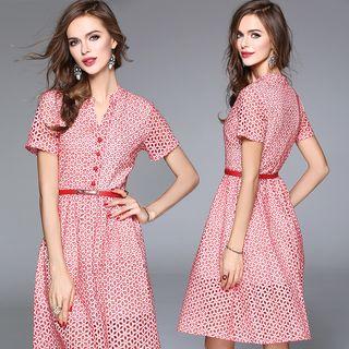 Floral Embroidered Gathered-waist Short-sleeve V-neck Dress