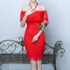 Lace Trim Off Shoulder Elbow Sleeve Evening Dress