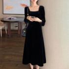 Long-sleeve Square Neck Velvet Midi A-line Dress