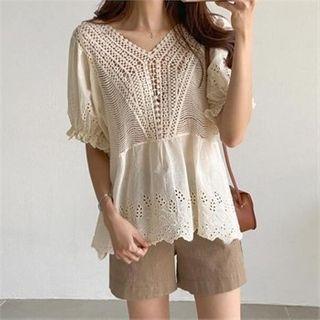 Puff-sleeve Crochet-panel Lace Blouse
