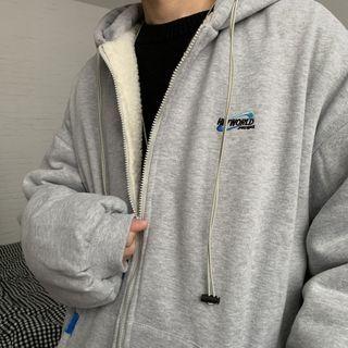 Fleece-lined Lettering Embroidered Zip Hoodie