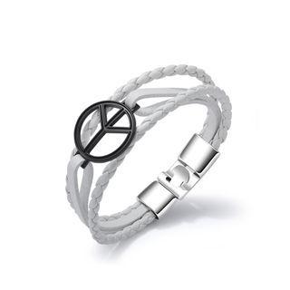 Simple Personality Black Peace Symbol Multilayer White Leather Bracelet Silver - One Size