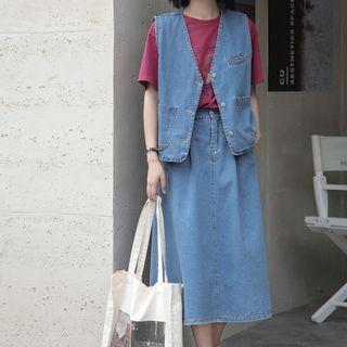 Set: Denim Single-breasted Vest + Midi A-line Skirt