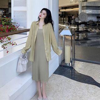 Plain Long-sleeve Loose-fit Shirt / Plain Slim-fit Dress
