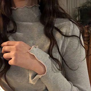 Frilled Mock-neck Long-sleeve Slim-fit Top