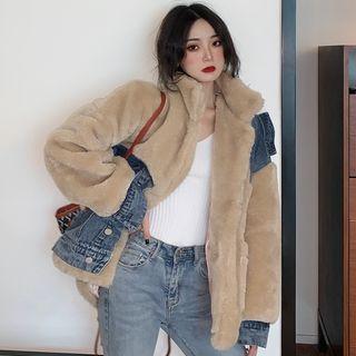 Denim Panel Open-front Fleece Jacket