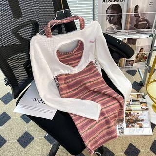 Long-sleeve Cutout Cropped Knit Top / Striped Halter Mini Dress