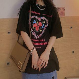 Short-sleeve Flower Heart Print T-shirt