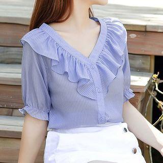 Short-sleeve Ruffle Pinstriped Blouse