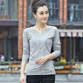 Panel Split-neck Long-sleeve Top