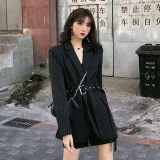 Pinstriped Blazer With Belt White Pinstripe - Black - One Size