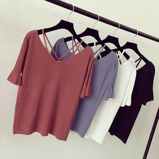 Strap Detail V-neck Elbow-sleeve Knit Top