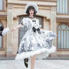 Printed Short-sleeve Midi A-line Dress / Lace Gloves
