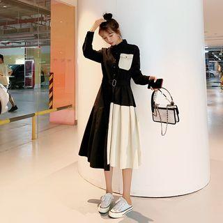 Belted Panel Midi Pleated Shirtdress