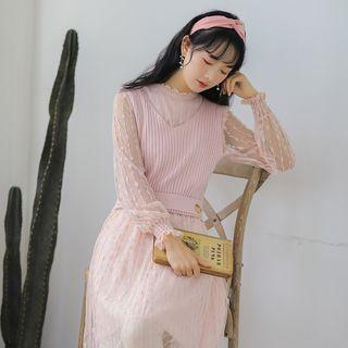 Set: Long-sleeve Mock Neck Midi Lace Dress + V-neck Rib-knit Vest