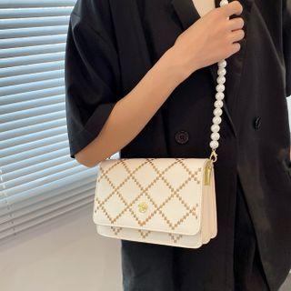 Faux Pearl Plaid Embroidered Faux Leather Crossbody Bag