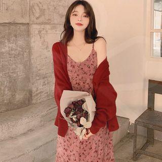 Spaghetti Strap Floral Midi A-line Dress / Plain Cardigan