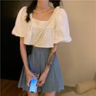 Short-sleeve Ruffle Trim Cropped Top / Plain Pleated Mini Skirt