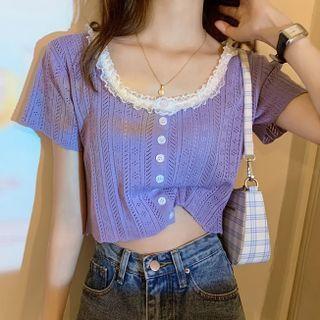 Short-sleeve Plain Panel Lace Cropped Cardigan