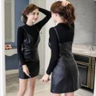 Set: Faux Leather Strappy A-line Dress + Long-sleeve Top
