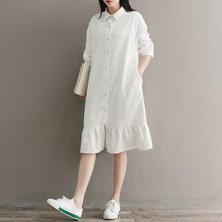 Ruffle Hem Long-sleeve Midi Corduroy Shirt Dress
