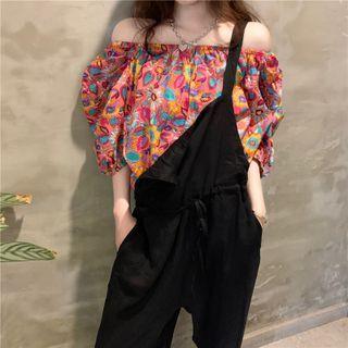 Short-sleeve Floral Off-shoulder Chiffon Top