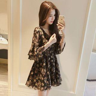 Flower Print Elbow-sleeve Mini A-line Dress