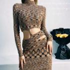 Long-sleeve Striped Knit Sheath Dress Khaki - One Size
