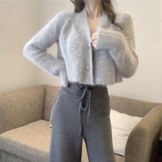 V-neck Cropped Cardigan Gray - One Size