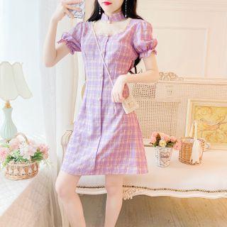 Puff-sleeve Plaid Mesh Panel A-line Mini Dress
