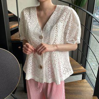 Short-sleeve Crochet Lace Top White - One Size