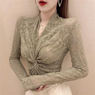 V-neck Lace Knotted Long Sleeve Top
