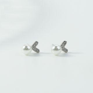 Rhinestone Heart Faux Pearl Earring 1 Pair - Love Heart - One Size