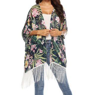 Floral Print Tasseled Cape Dark Green - One Size
