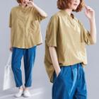 Plain Short-sleeve Pocket Blouse As Shown In Figure - One Size