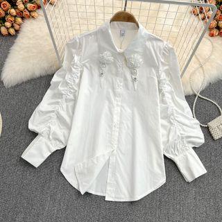 Puff Sleeve Floral Accent Shirt White - One Size