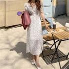 V-neck Drawstring-waist Floral Print Dress Ivory - One Size