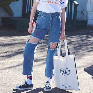 Cutout-detail Embroidered Wide-leg Jeans