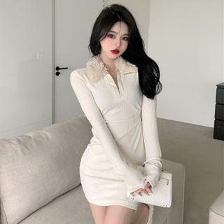 Long-sleeve Fluffy Collar Half-zip Cutout Mini Sheath Dress