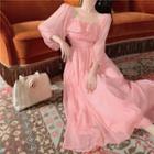 Puff-sleeve Ruffled Midi A-line Dress Peach Pink - One Size