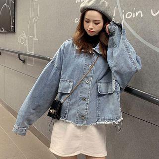 Frayed Hem Denim Jacket Blue - One Size