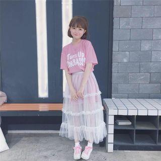 Set: Lettering T-shirt Dress + Maxi Mesh Skirt