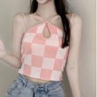 Spaghetti-strap Halter Plaid Perforated Top