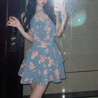 Set: Halter Floral Denim Mini A-line Dress + Arm Sleeves