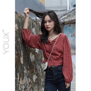 Floral Print Balloon-sleeve Cropped Chiffon Blouse