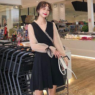 Mesh-sleeve Beaded A-line Dress