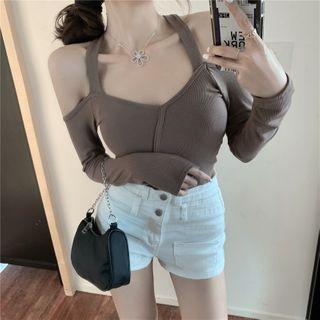 Cold-shoulder Halter Long-sleeve Top