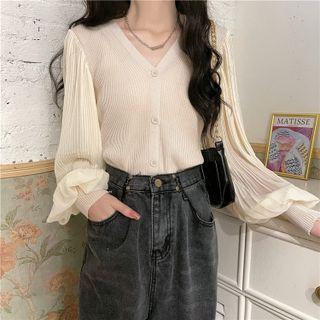 Button-up Panel Knit Puff-sleeve Top