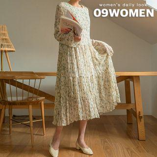 Bell-cuff Crinkled Long Floral Dress