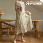 Bell-cuff Crinkled Long Floral Dress